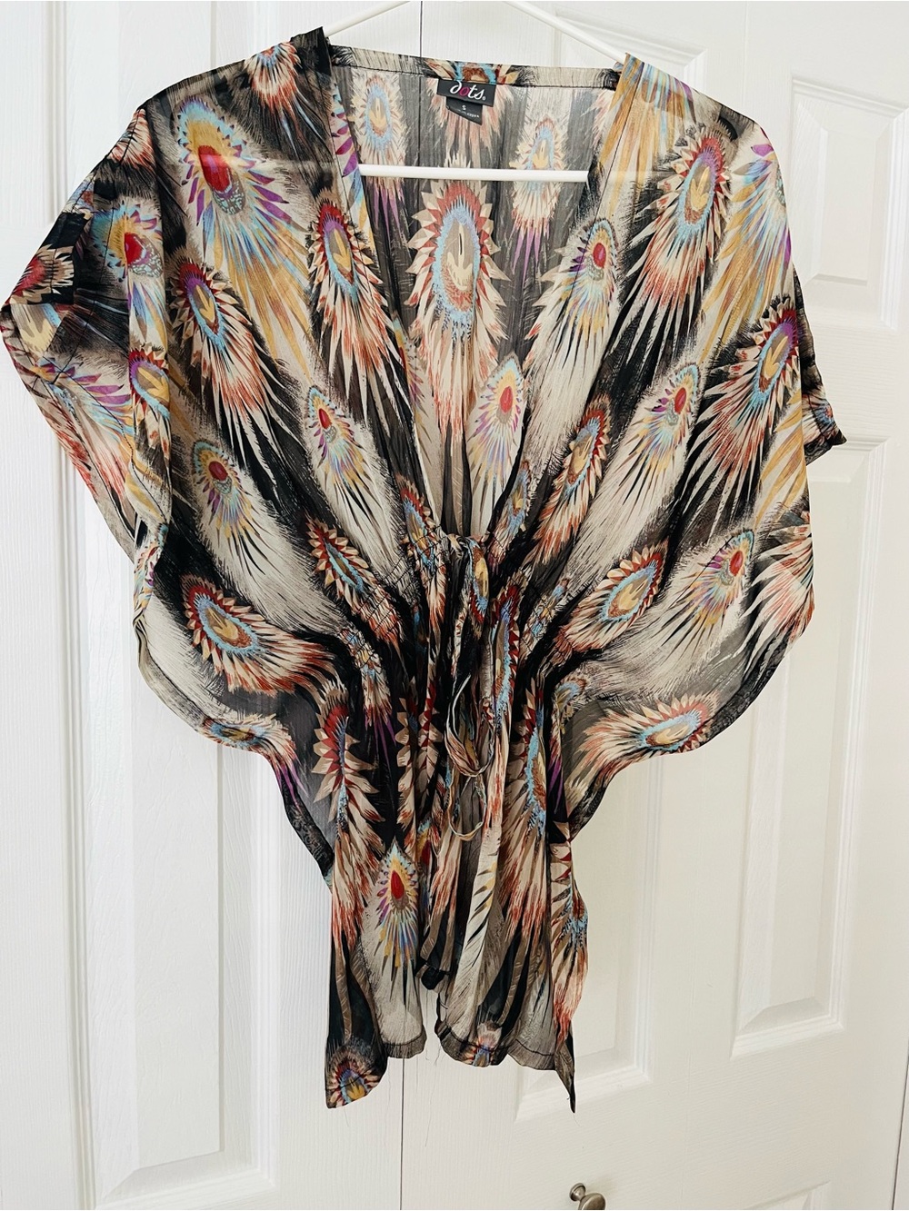 Dots Sheer Peacock-Feather Tunic - Black & Cream with Multicolor Accents
